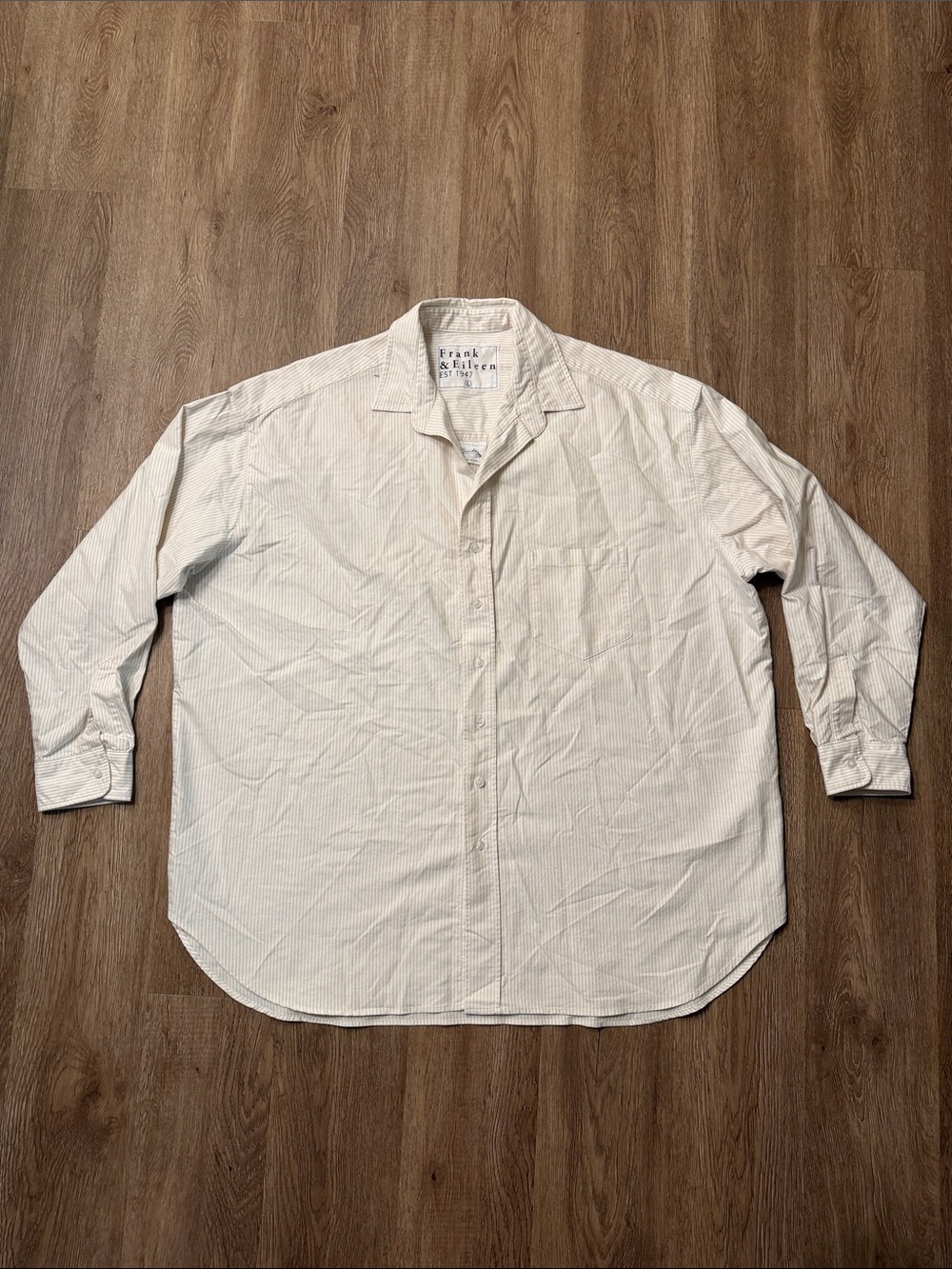 Frank & Eileen Shirley Oversized Striped Cotton Button Up Shirt Cream Tan Size L